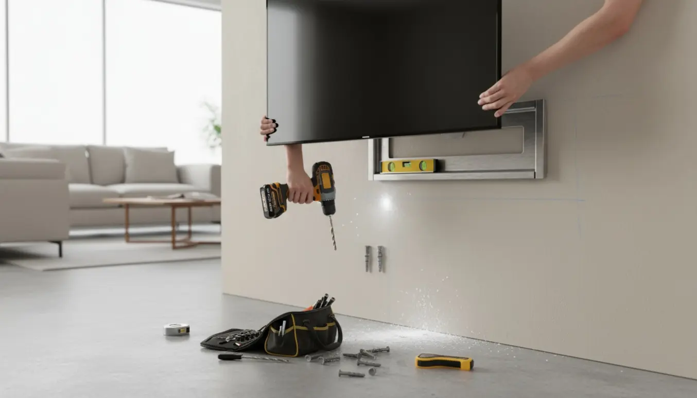 Tv monteres på en gipsvæg med beslag, boremaskine og værktøj, hænder uden tydelige ansigter.