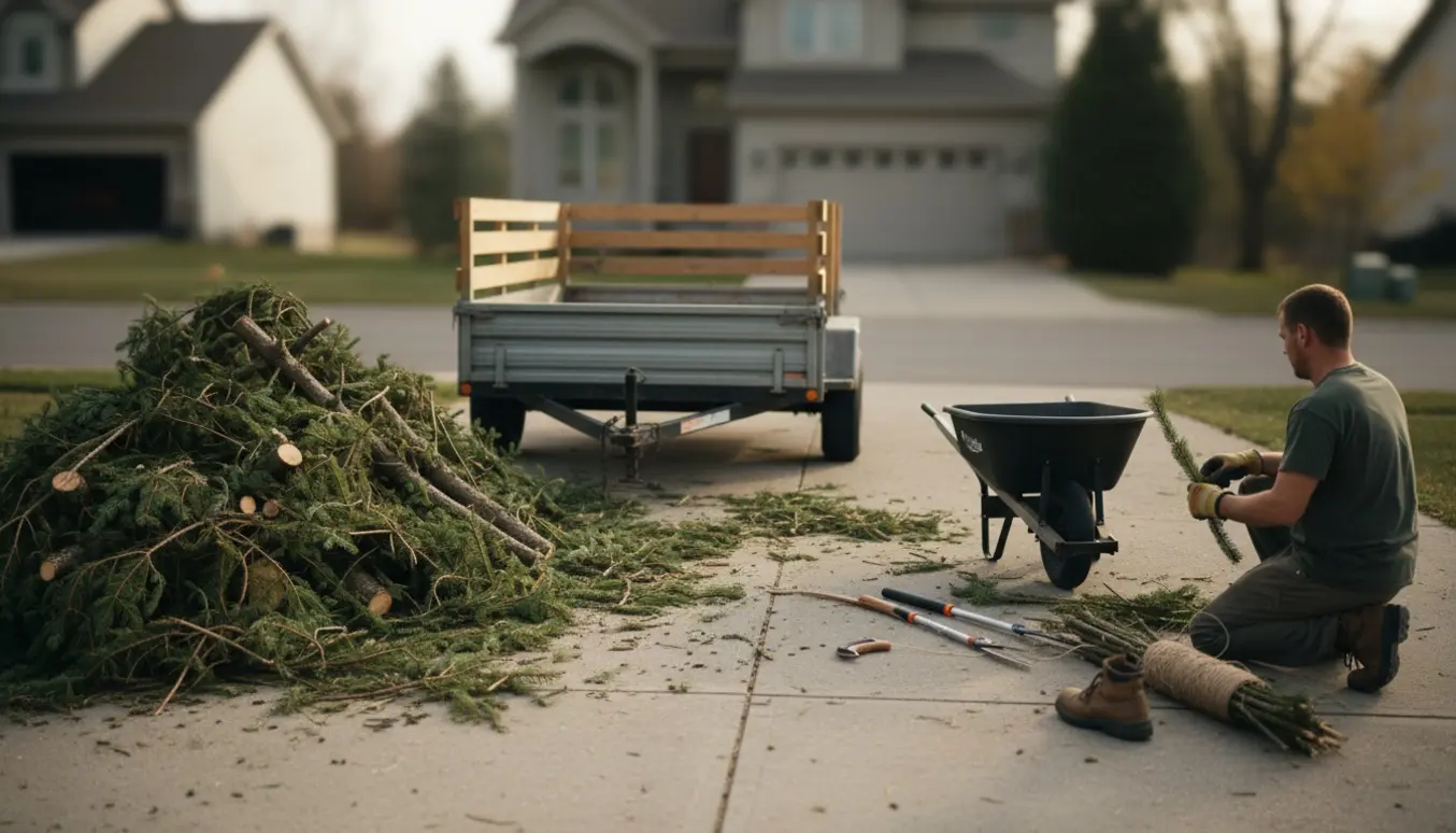 En bunke grangrene i indkørslen ved en åben trailer klar til afhentning.