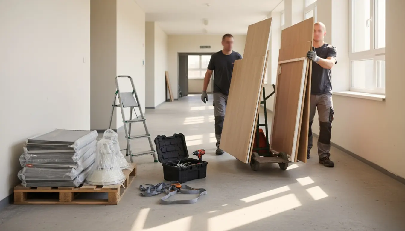 To håndværkere bærer adskilte rumdelerpaneler mod storskraldsområdet, mens nedtagne plisségardiner og to lamper ligger klar ved en stige.