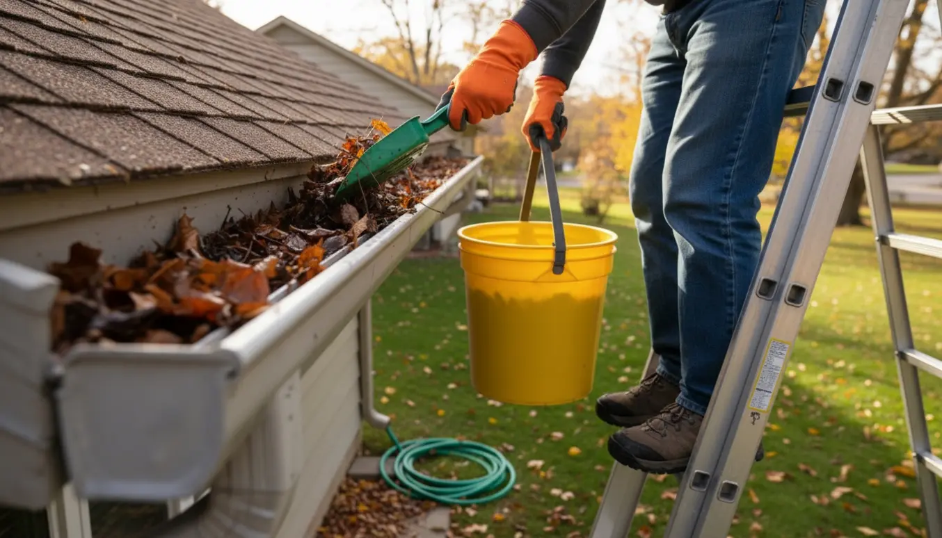 En person på stige renser tagrenden for efterårsblade ved en villa, med spand og handsker.