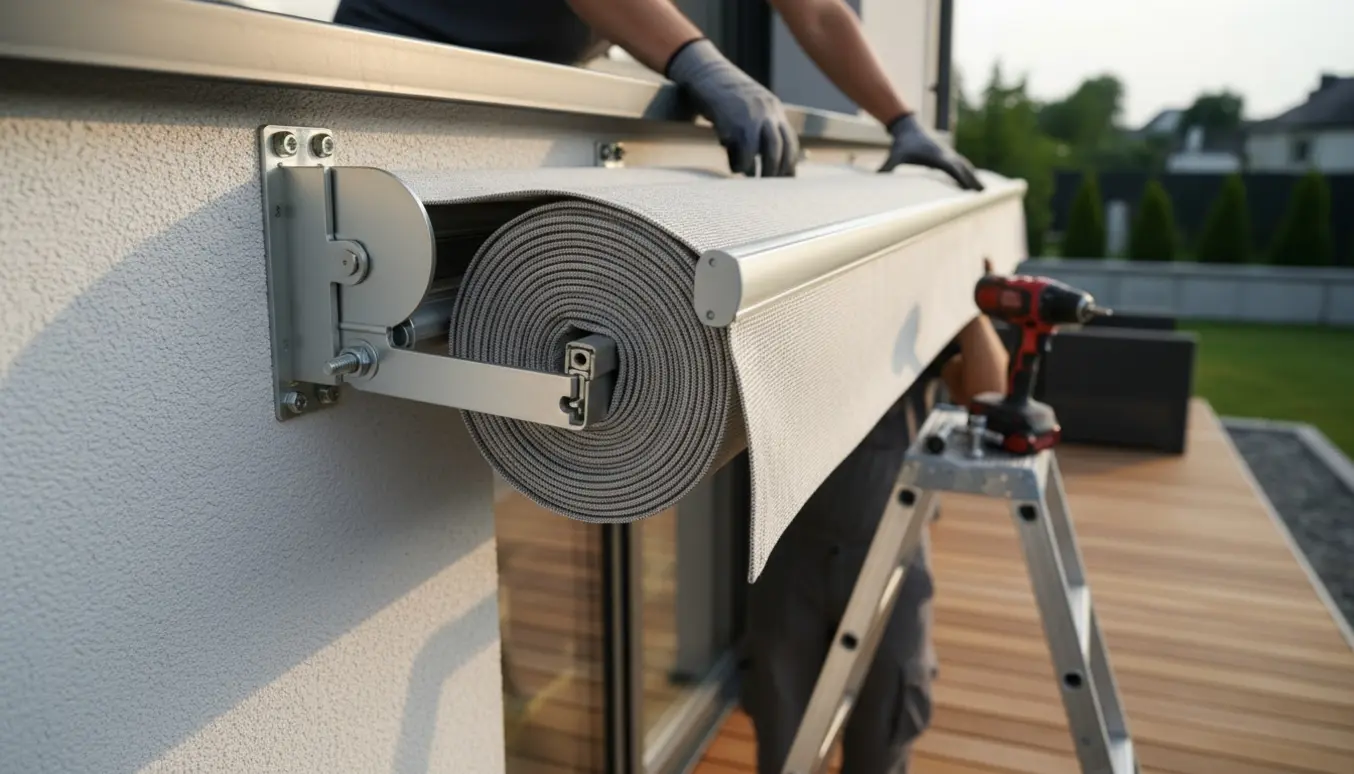 Installatør monterer en ny markise på allerede opsatte beslag over en terrasse.