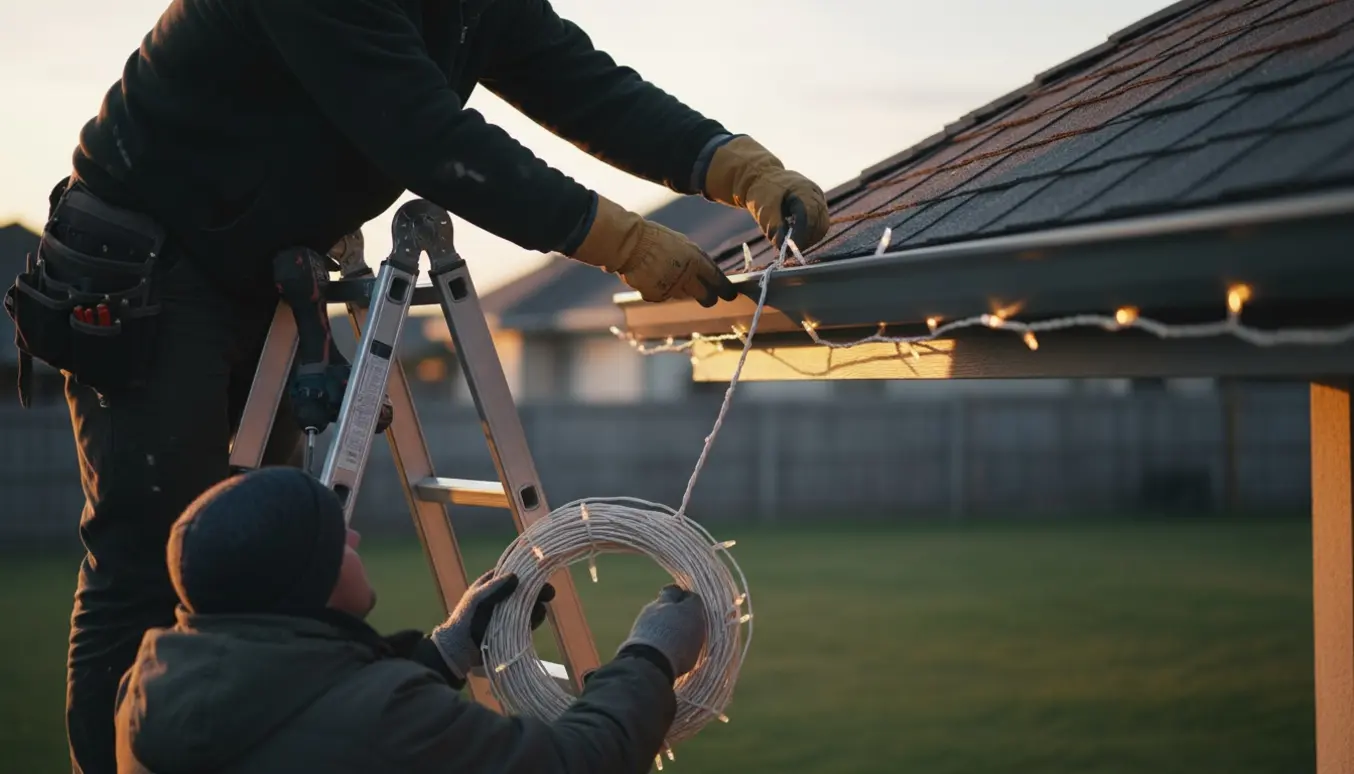 To personer sætter julelys op langs husets tag, én på en høj stige og en hjælper holder rullen med lyskæden.