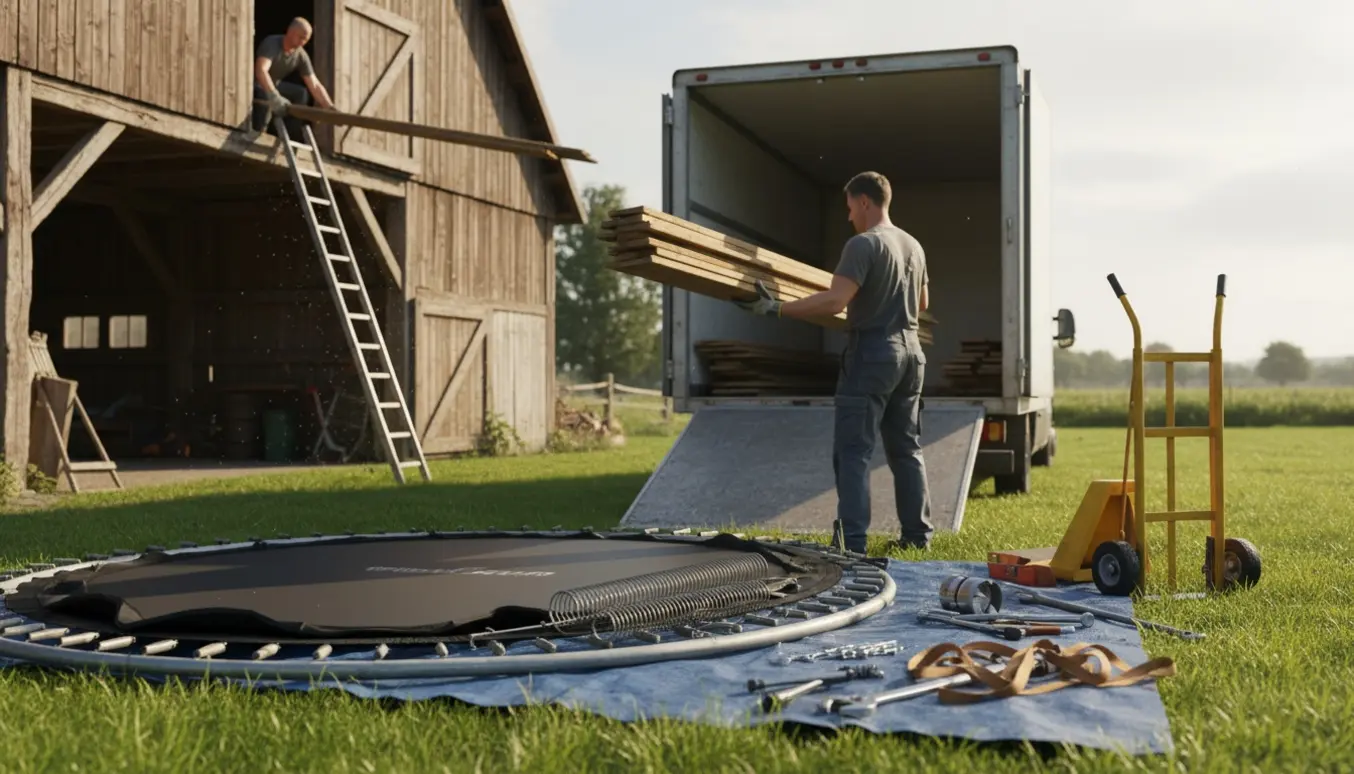 Flyttebil læsser brædder fra loftet, mens adskilt trampolin og værktøj ligger klar på græsset.