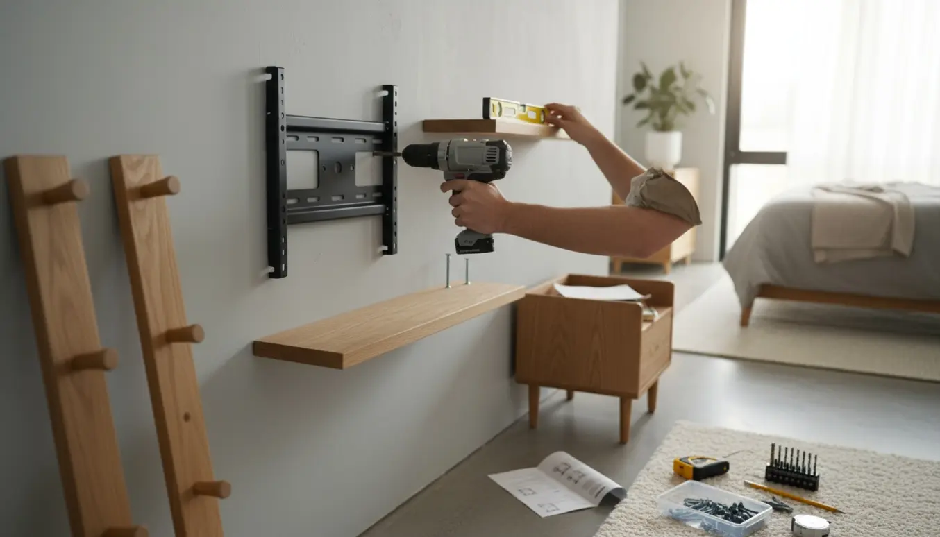 Hænder monterer et vægmonteret TV og hylder i et lyst, hyggeligt soveværelse med et delvist samlet natbord og værktøj.