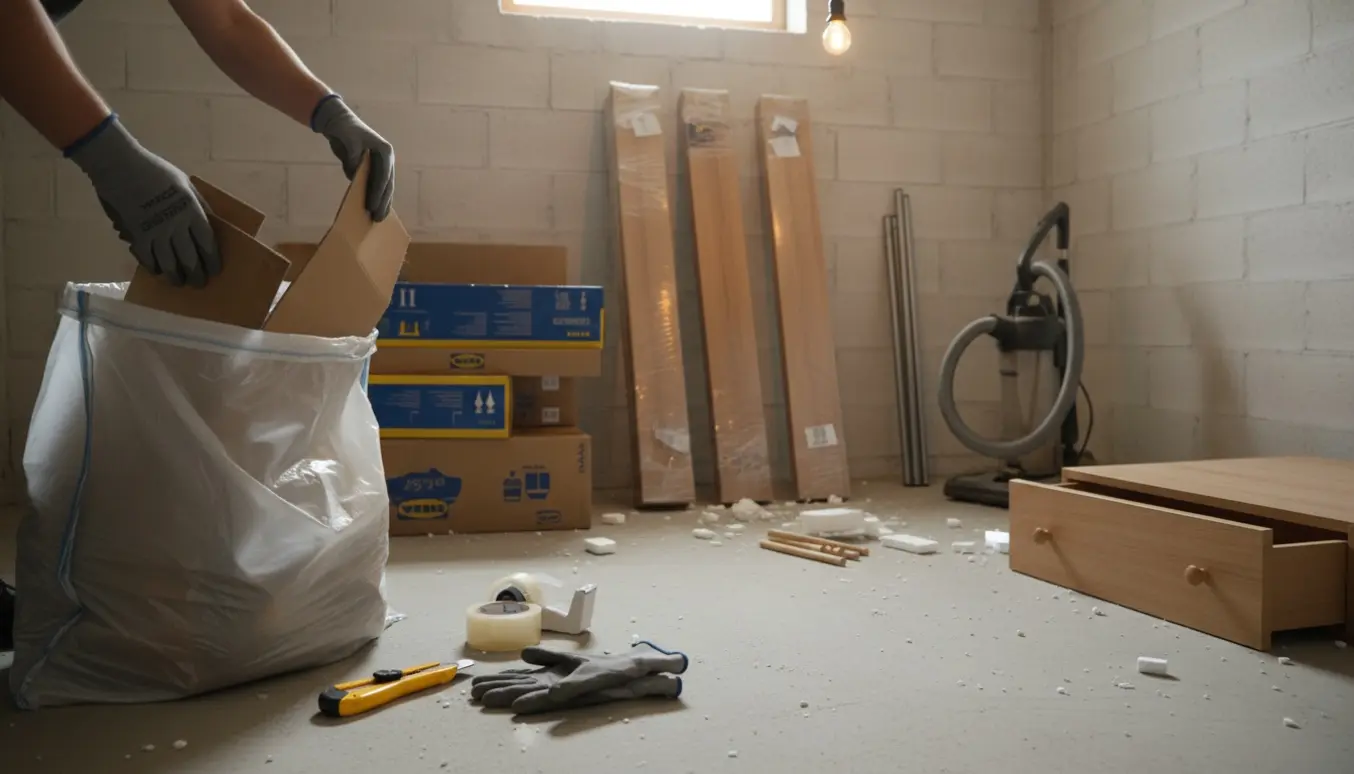 Kælderrum med sammenfoldede papkasser, indpakkede reoler, flamingo og handsker, mens pap sorteres til genbrug.