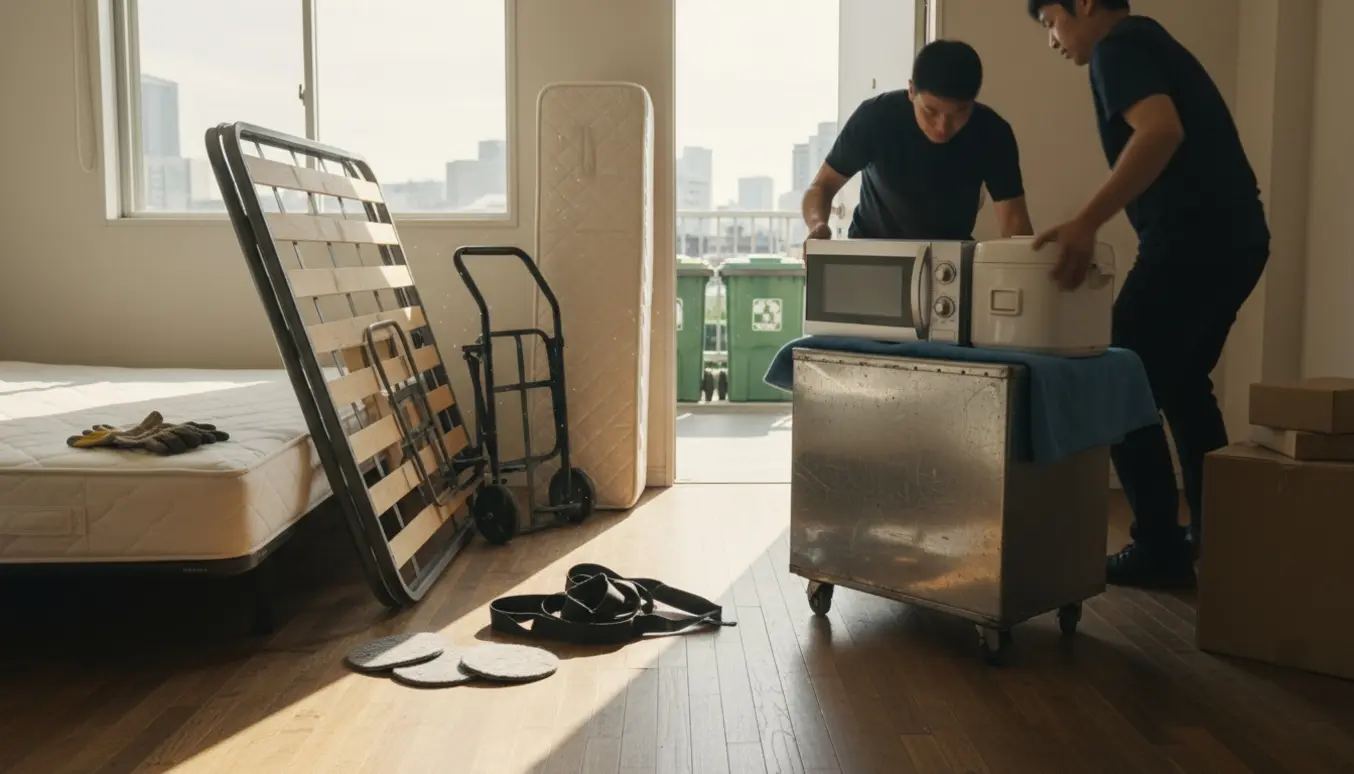 Flyttere bærer en lille ca. 1,2 meter bred seng og husholdningsapparater fra en lejlighed mod genbrugscontainere.