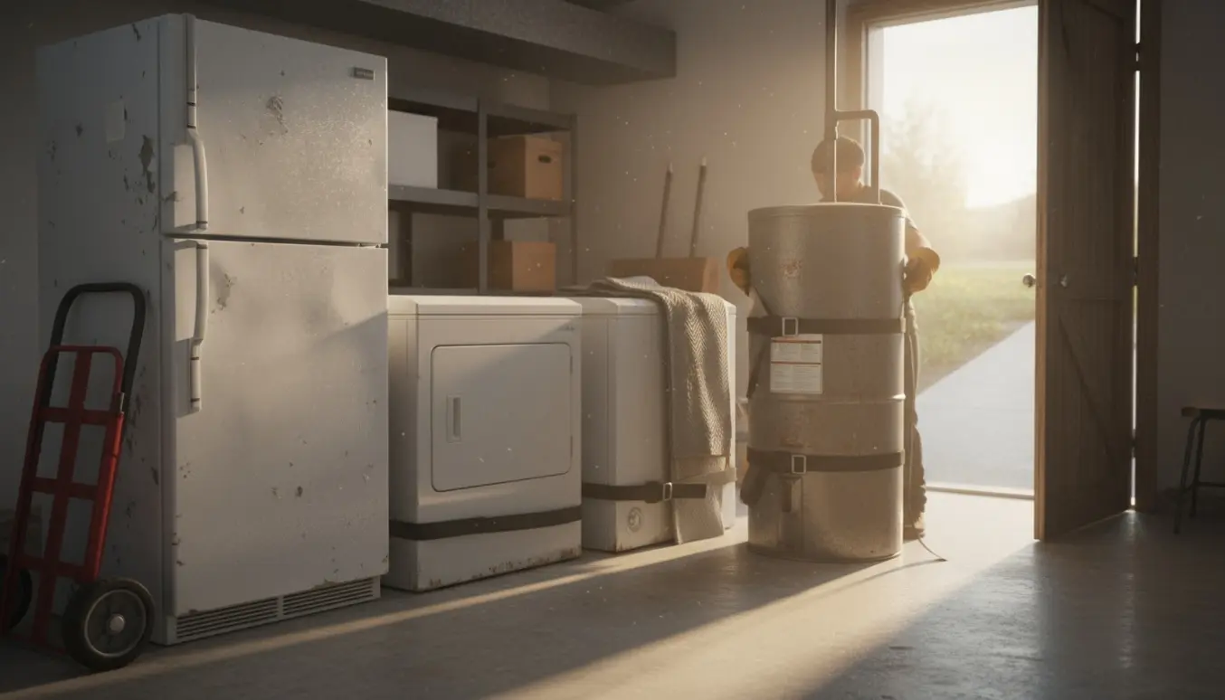 Fire gamle apparater i en kælder ved en åben dør klar til aflevering på genbrugsstationen.