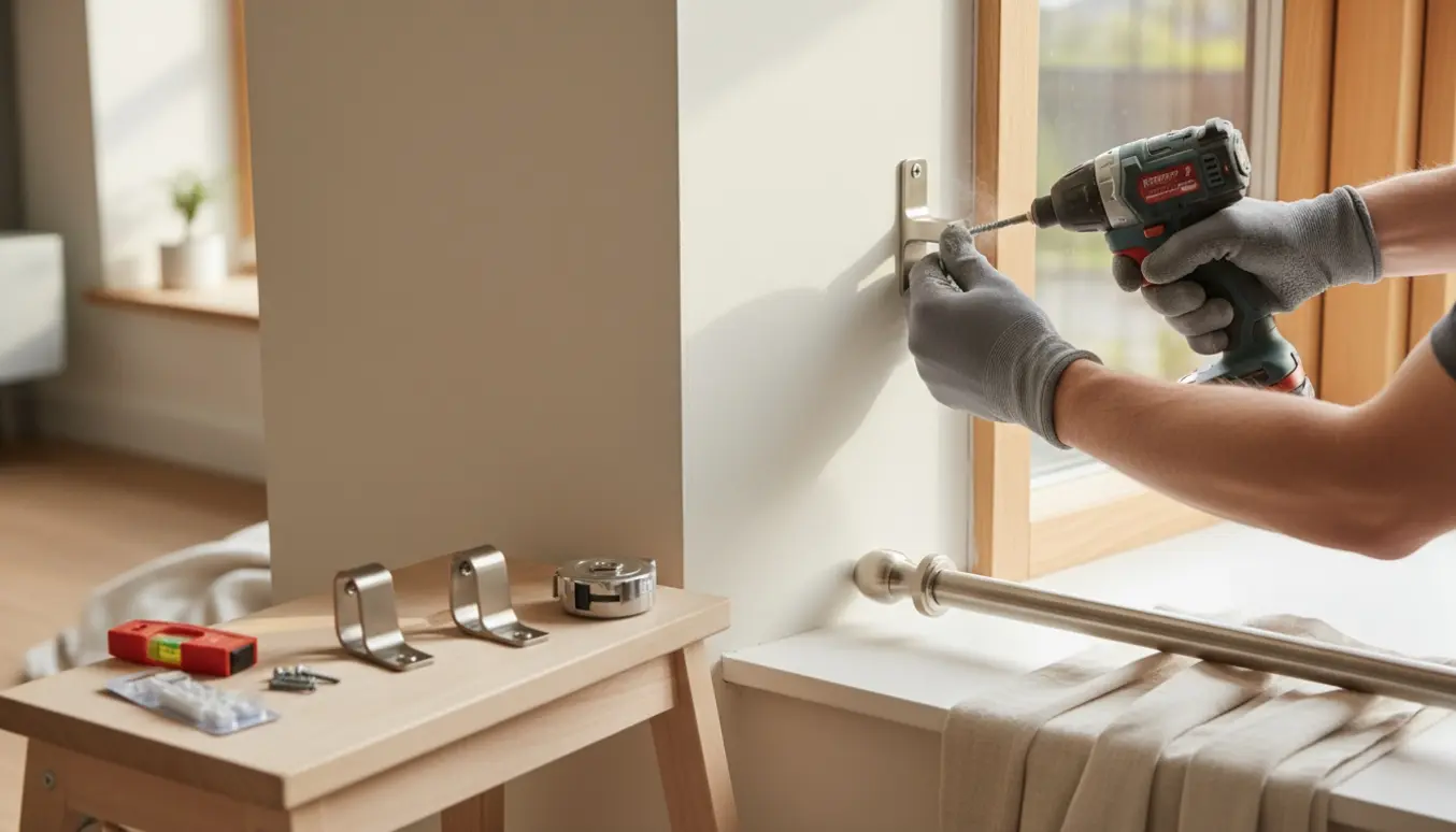 Hænder monterer et beslag til en gardinstang over et vindue med boremaskine og værktøj ved siden af.