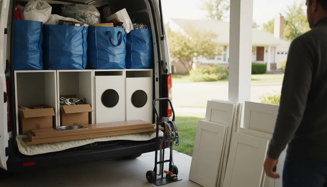 Demonterede køkkenelementer og store blå flytteposer stablet ved en åben varevogn klar til afhentning.