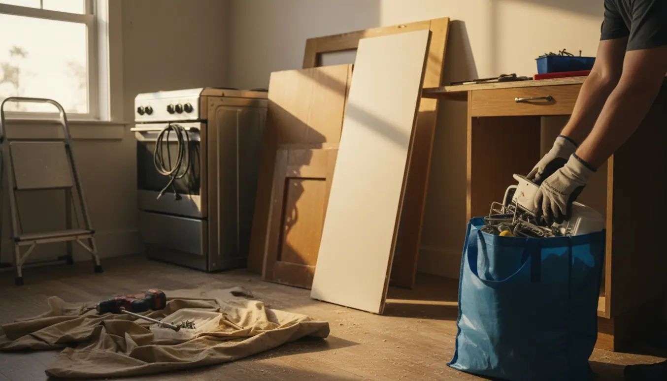 Et køkken under nedrivning med nedtagne skabselementer, en person der pakker ting i store blå poser og værktøj spredt omkring.
