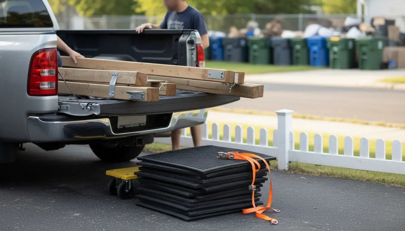 Nedtaget trægyngestativ og seks kvadratiske gummiunderlag læsses i en pickup ved fortovet.