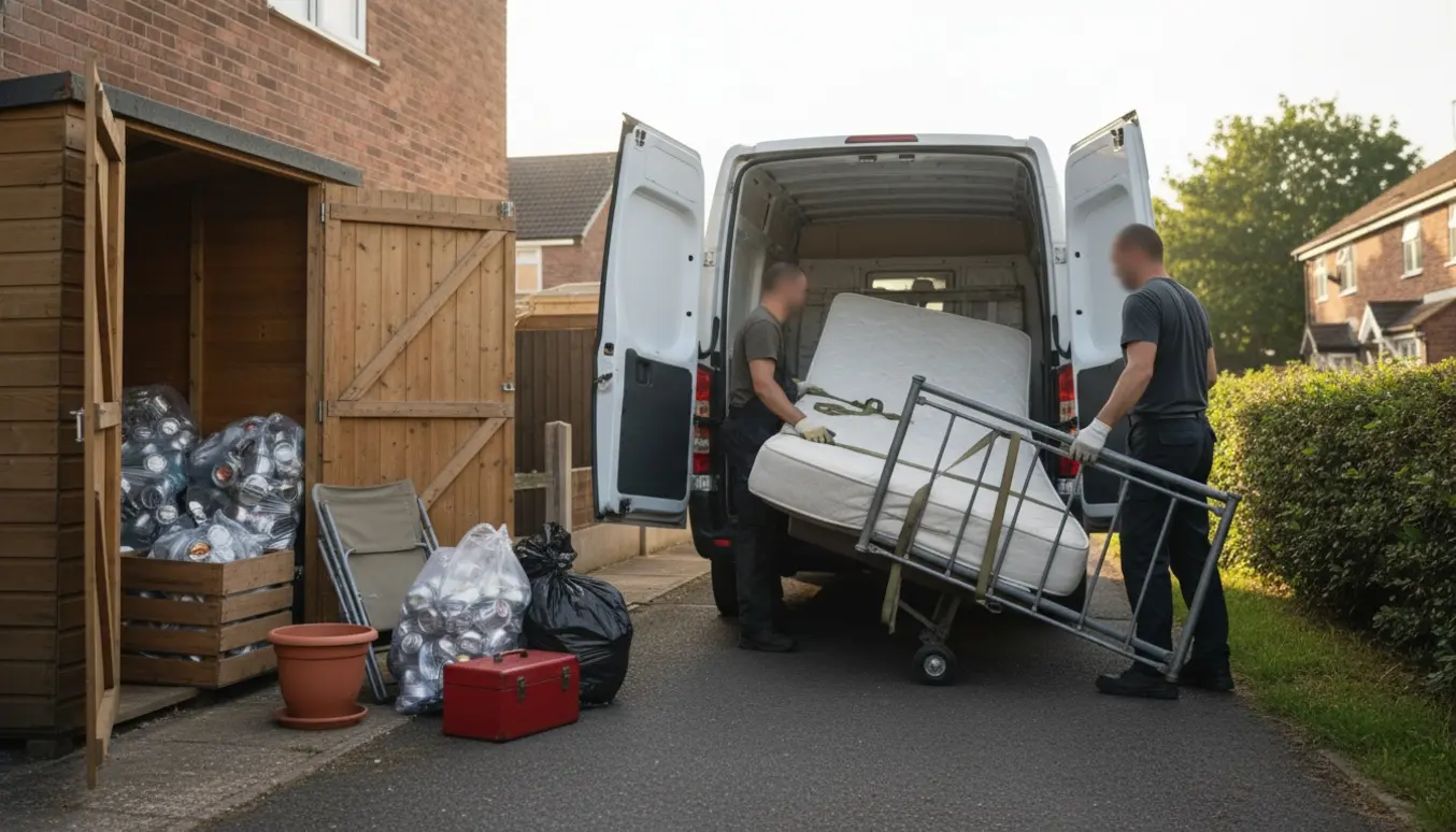 Soveseng løftes ind i varevogn ved rækkehus, poser med tomme dåser og småting samlet ved udhus.