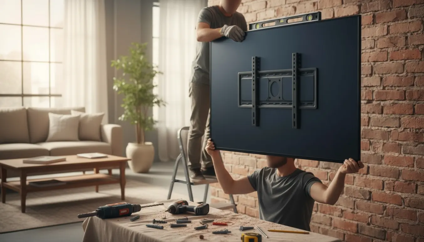 Et 65 tommer TV monteres på en indvendig murstensvæg med vægbeslag, værktøj og synlige hænder.