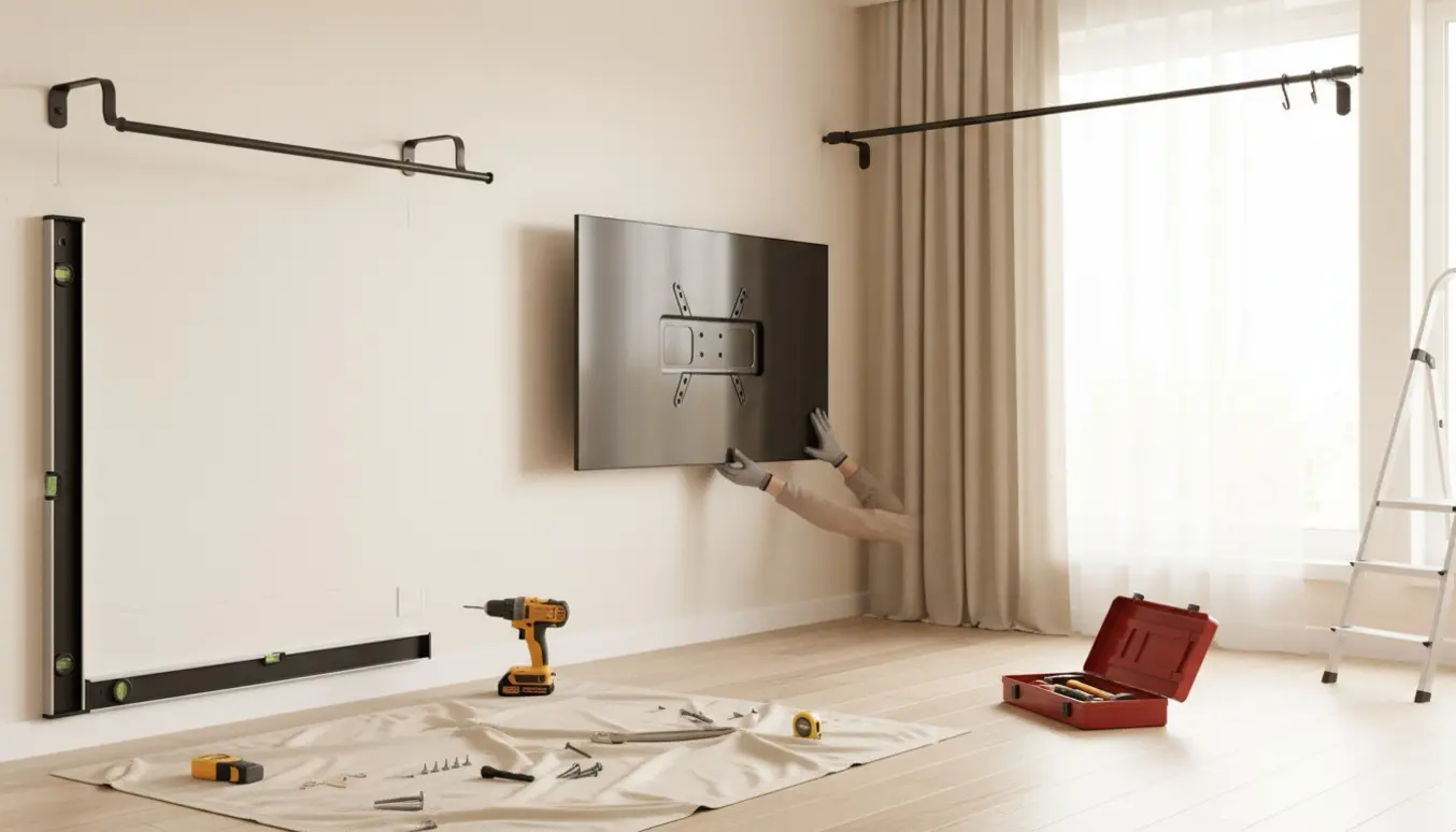 Hænder monterer tv-ophæng, tøjstativ og gardinstang i lyst stuehjørne med værktøj.