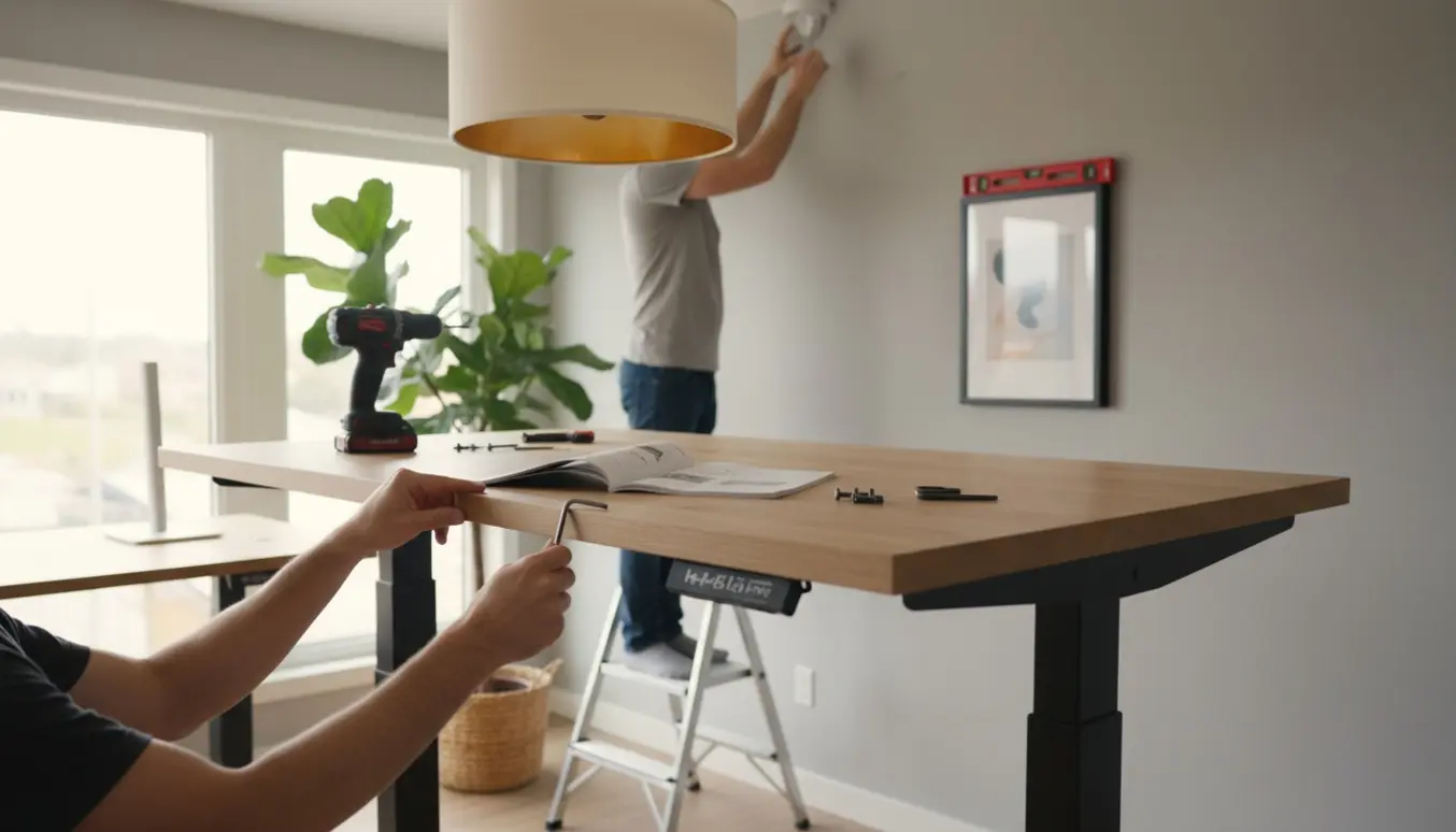Hands assembling et hæve-sænke skrivebord, mens en pendellampe og billeder hænges op i et lyst hjemmekontor.