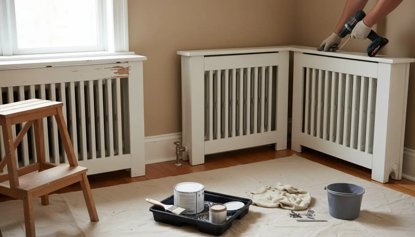 To radiatorskjulere under nedtagning i et lyst rum med værktøj og malergrej klar.