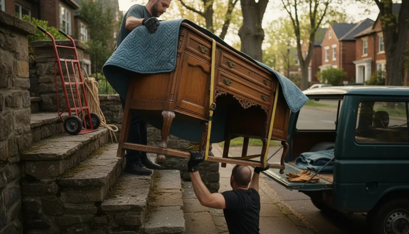 To personer bærer en gammel træskænk ned ad udendørs trappe mod en varevogn, beskyttet med tæpper og stropper.