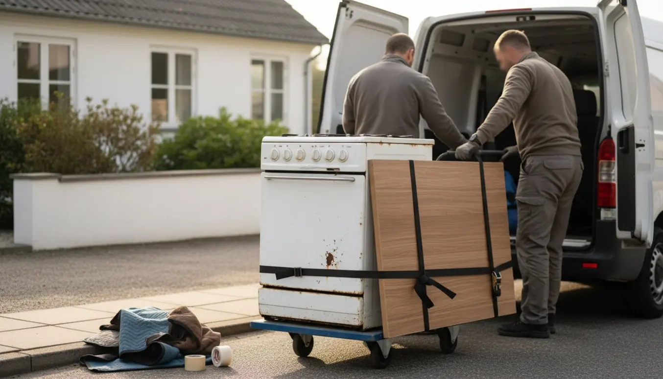 Et gammelt gasbord og en bordplade lagt klar ved fortovet til afhentning i Hornbæk.