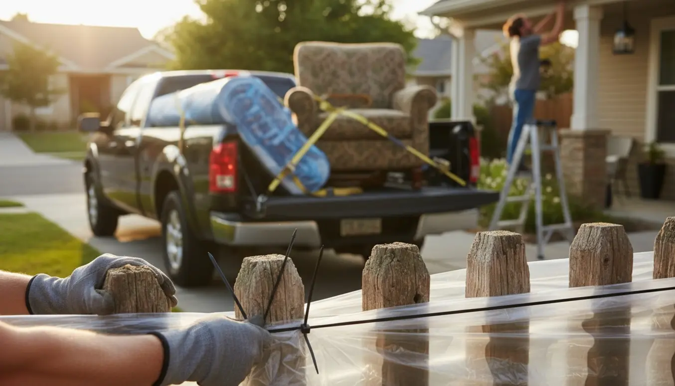 Pickup med seng og lænestol på indkørsel, hænder fastgør plastik til stolper, og en person hænger en lampe op fra en stige.