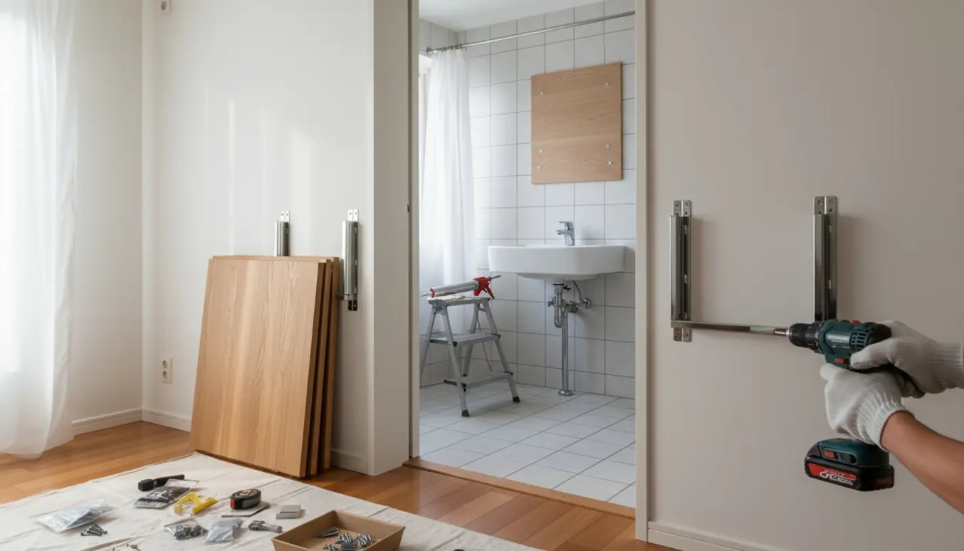 Hænder monterer et væghængt klapbord i stuen, med en træplade på badeværelset og en højt monteret gardinstang i baggrunden.