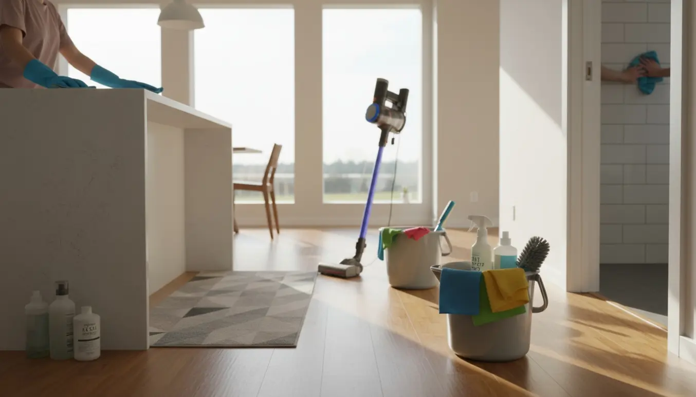 Lyst hjem med trægulv, køkkentæppe og flisebadeværelse, hvor hænder tørrer og mopper for at gøre rent.