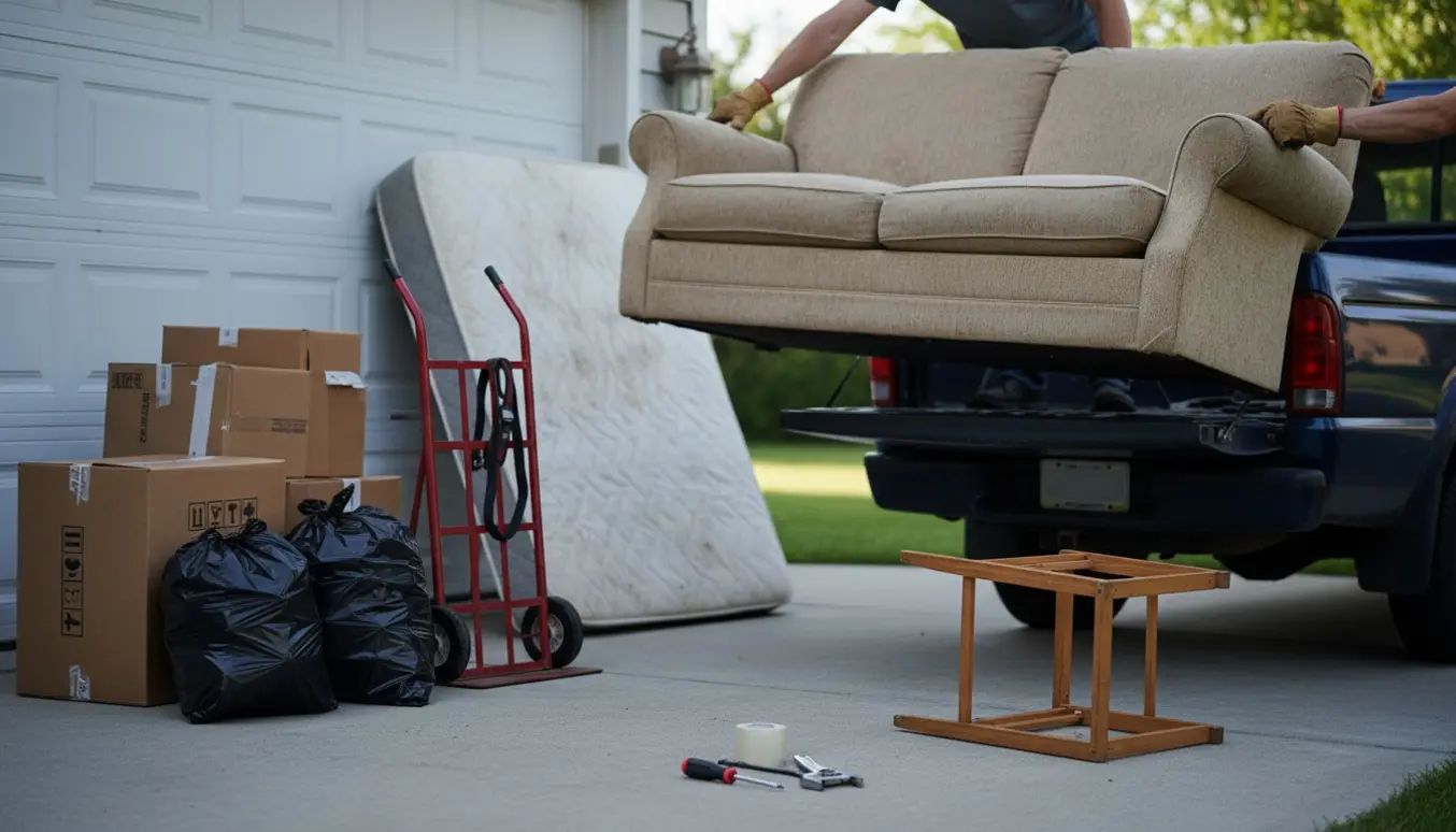 Møbler og affald klar til bortskaffelse på en indkørsel med sofa, flyttekasser og sække.