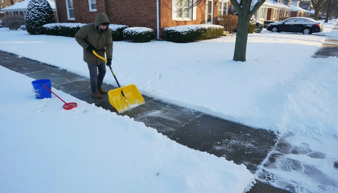 Person rydder sne fra fortovet ved en hjørnegrund med skovl og grusspand.