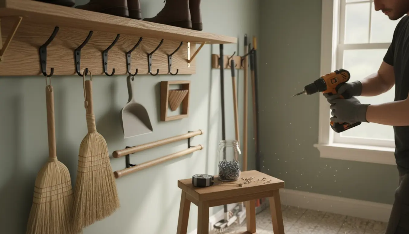 Hænder monterer to knagerækker og en hylde med støvleknægte, kroge til koste og en kaffefilterholder i en lys entré.