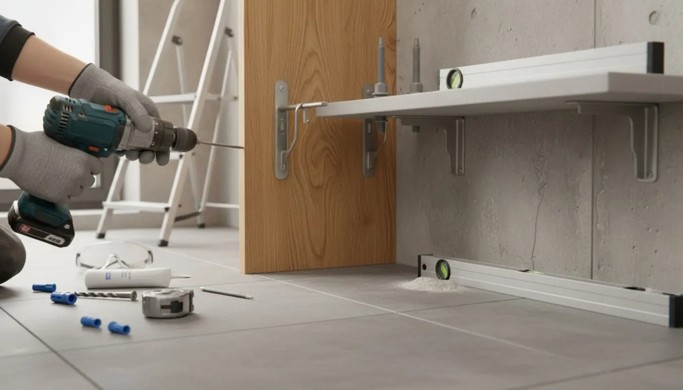 Hænder borer i træpanel for at montere en gardinstang med en nyligt monteret hylde på betonvæg i baggrunden.