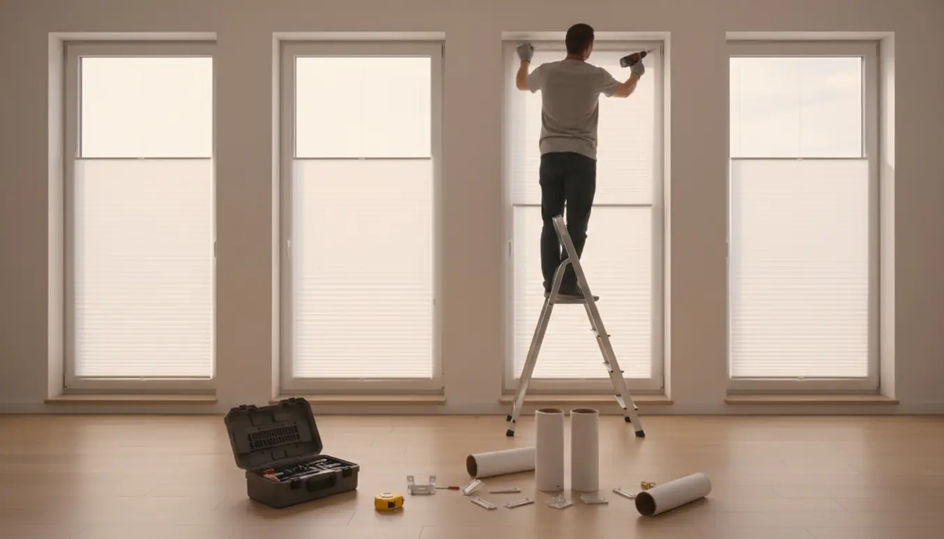 Montering af hvide plissegardiner ved en række vinduer med værktøj i forgrunden.