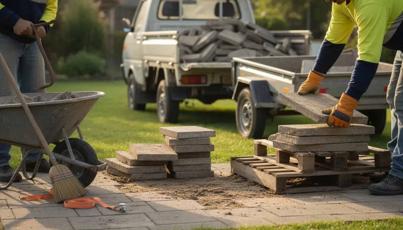 Arme læsser fliser på en lille trailer ved en villahave, klar til afhentning og bortskaffelse.