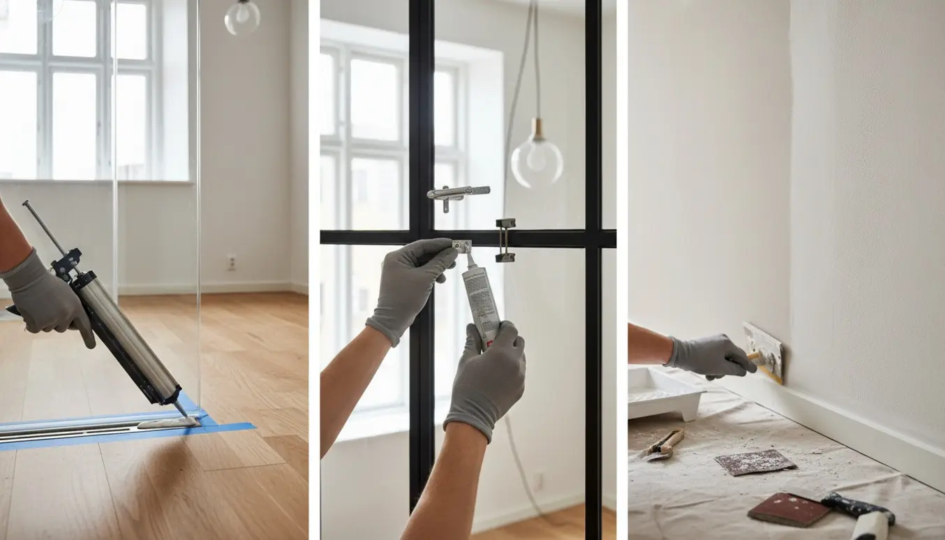 Håndværker på en lejlighed i København, påfører sanitetssilikone i bruseafløb, limer metalbeslag på en New Yorker-væg og spartler og maler vægudbedringer.