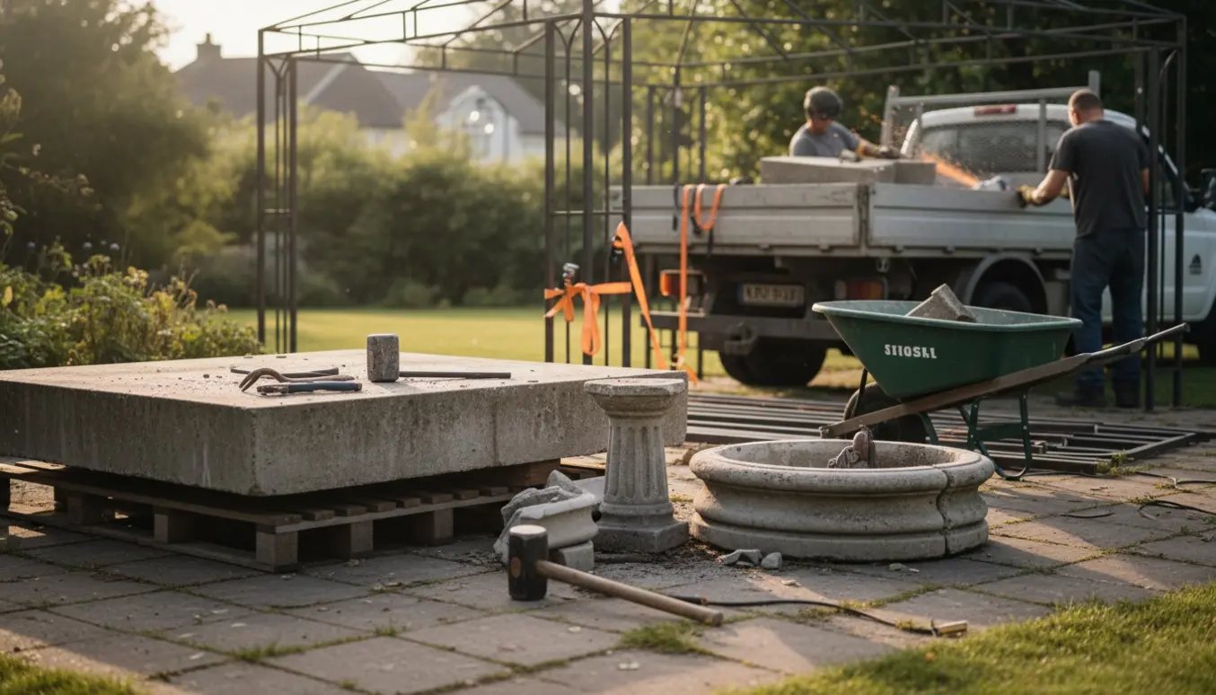 Betonbord og springvand samt nedtaget metalpavillon klargjort til bortskafning i en have.