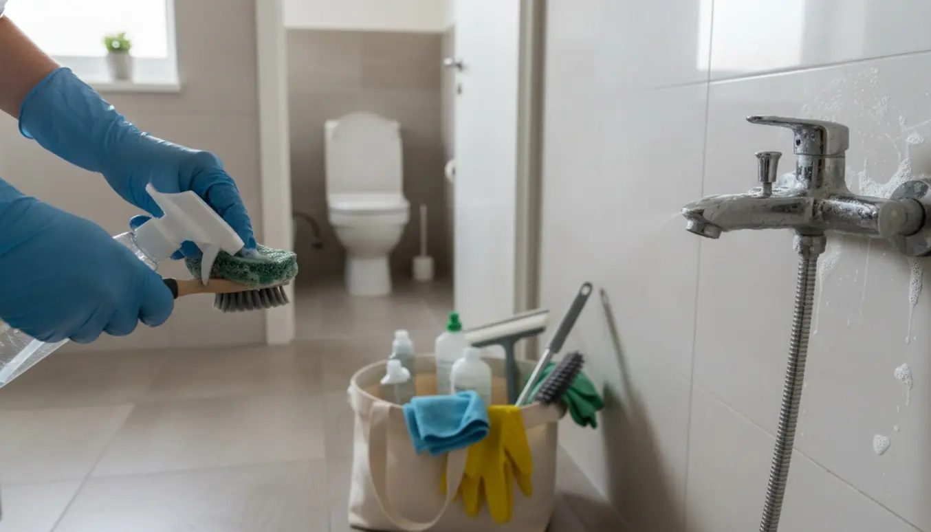 Nærbillede af handsker og børste, hvor kalk fjernes fra et krombatteri med rengøringsmidler og en ekstra toiletrum i baggrunden.
