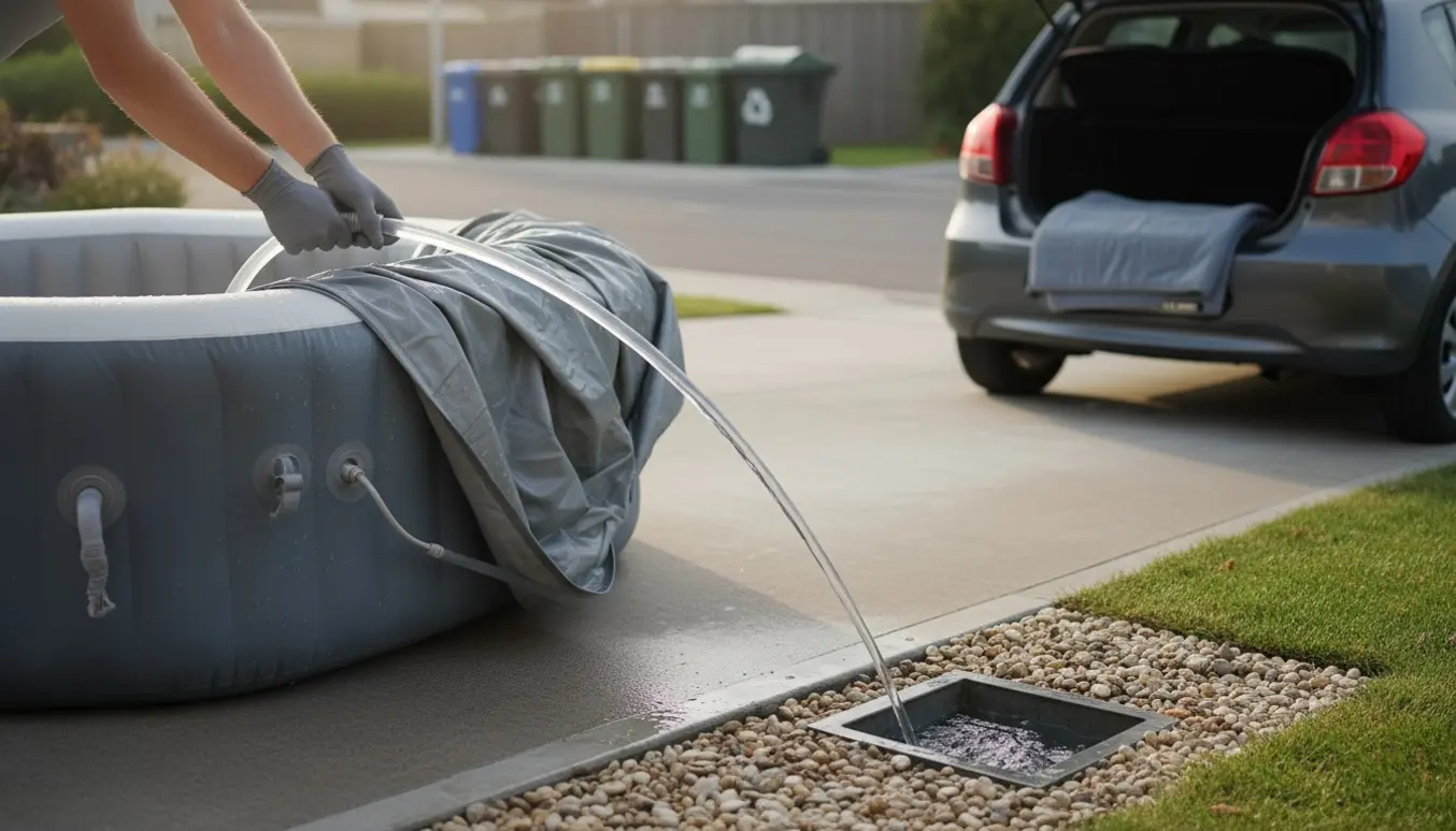 Et udendørs spa-bassin tømmes med en slange til et haveafløb, klar til afhentning ved genbrugspladsen.