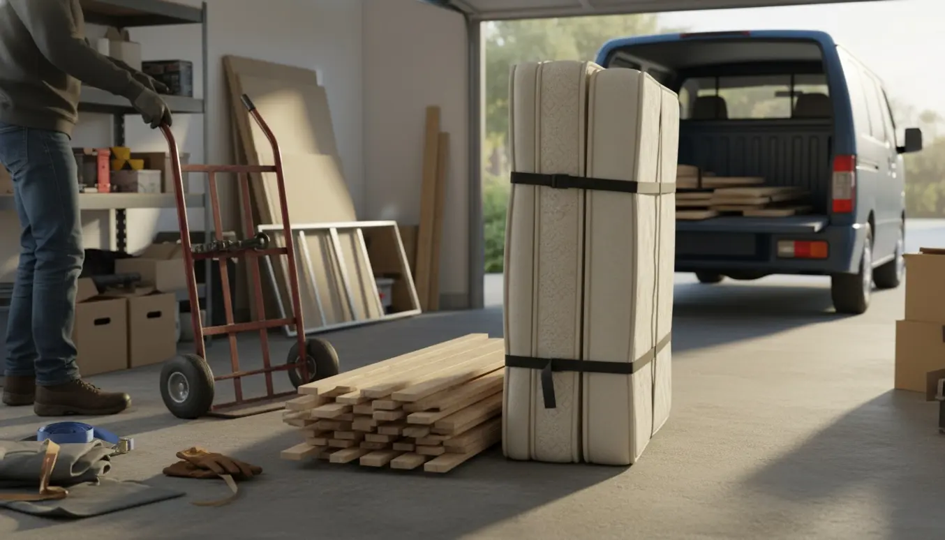 Delvist adskilt seng i garage klar til afhentning, med dele stablet og en varevogn udenfor.