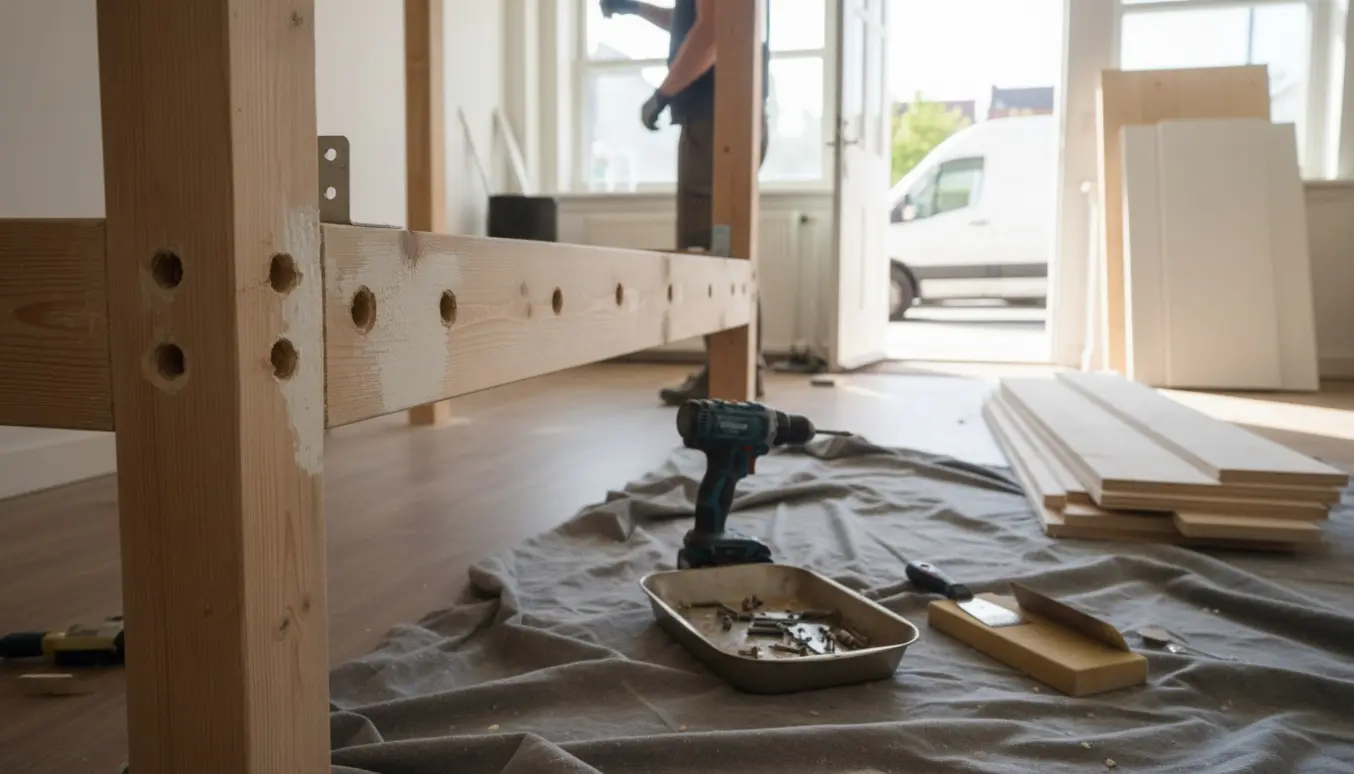 Delvist demonteret hems i en stuelejlighed med håndværktøj, spartlede huller og træ klar til afhentning.