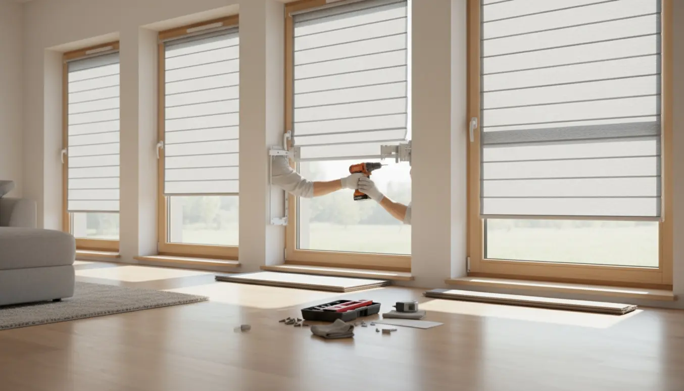 En håndværker monterer seks persienner på en række vinduer i et lyst, moderne rum.