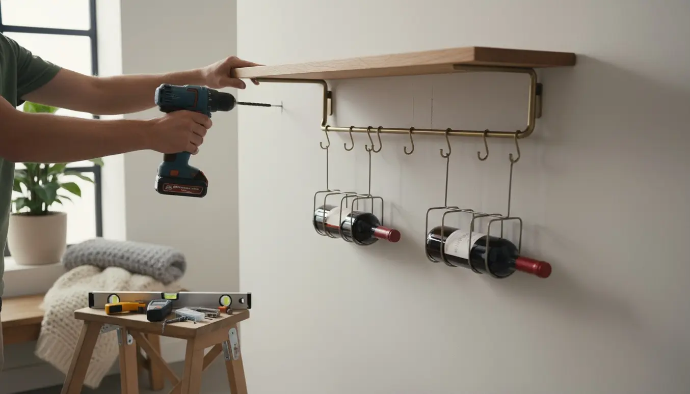Hænder monterer hylder, knagerækker og små vinreoler på en lys væg med værktøj omkring.