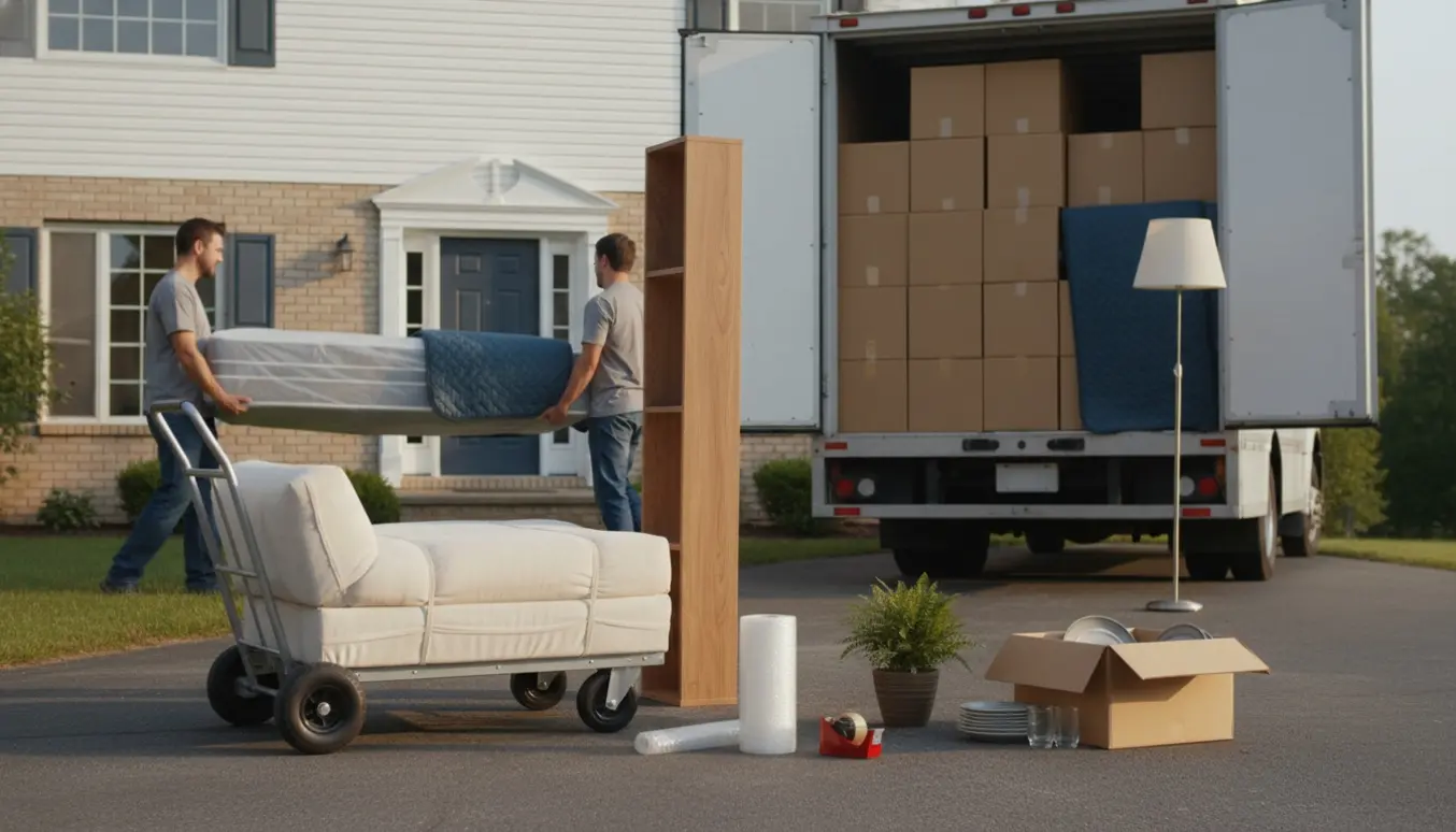 Flyttebil og stabler af flyttekasser og indpakkede møbler foran et hus, flyttere med ansigter ude af fokus.