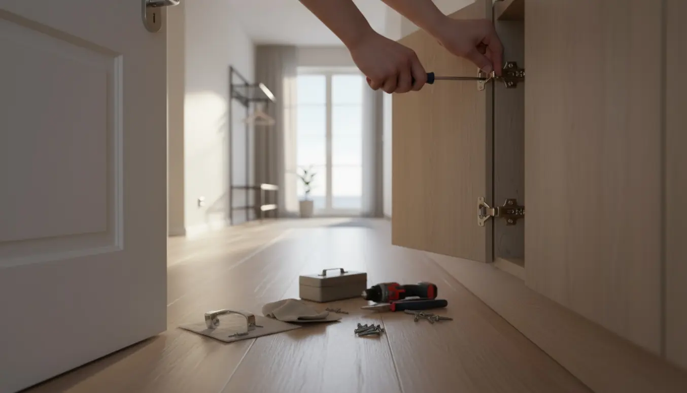 Hænder spænder et løst dørhåndtag og justerer et skabshængsel i en lys, moderne lejlighed.