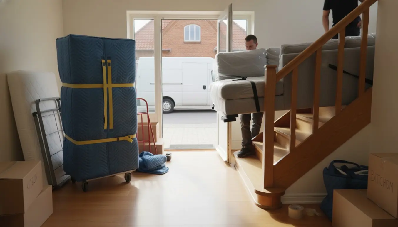To flyttefolk bærer en sofa og et indpakket køleskab ned ad en lys trappe mod en flyttevogn foran et typisk hus i Kolding.
