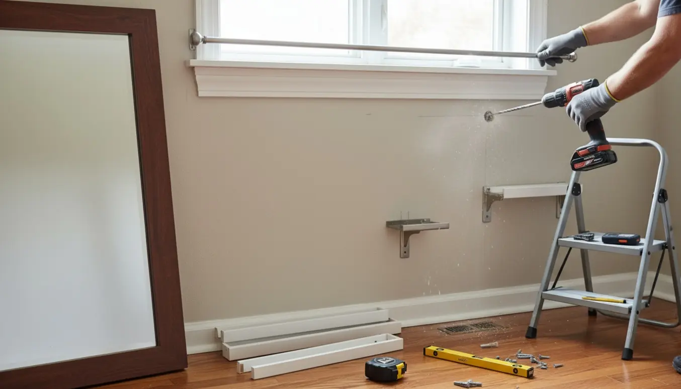 Hænder monterer spejl, billedehylder, svævehylde og gardinstang på en væg med boremaskine og værktøj.