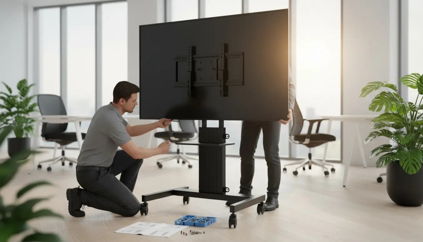 Tekniker samler et sort tv-stativ på hjul, mens to kolleger løfter en stor 86-tommer fladskærm i et lyst kontormiljø.