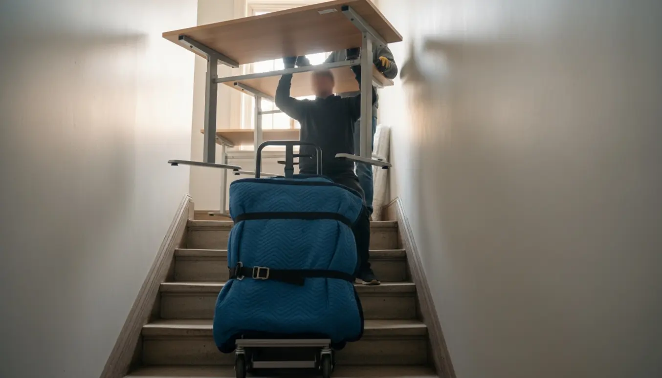 Flyttefolk bærer flere hævesænkeborde op ad en smal trappe uden elevator, med flyttetæpper og trappevogn.