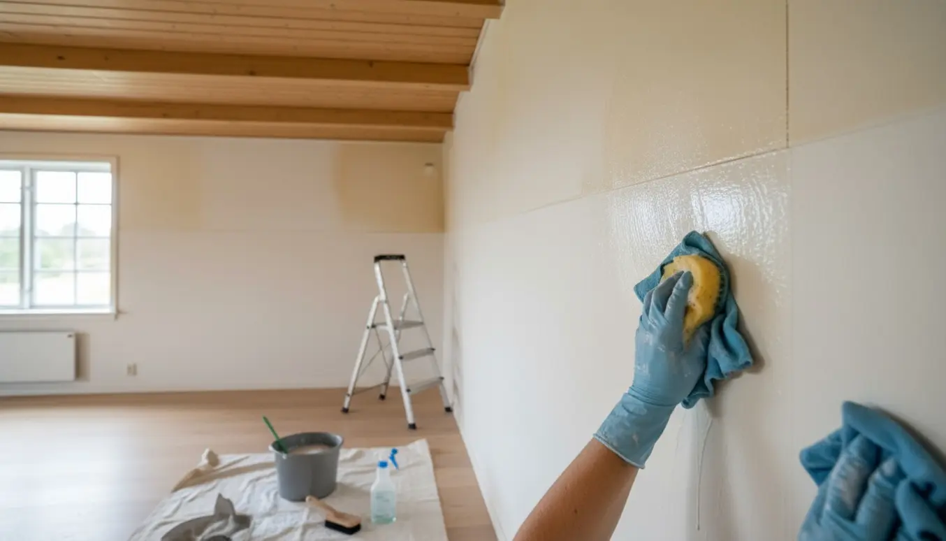 En person vasker nikotin af loft og vægge i et lyst, træbeklædt sommerhus.