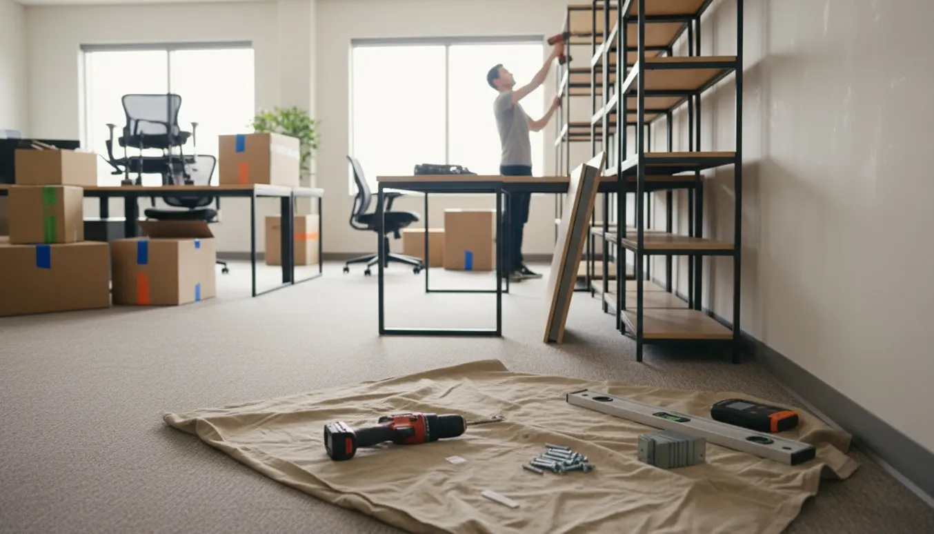 Arbejdshænder monterer og afmonterer reoler i et lyst kontor med værktøj og flyttekasser.