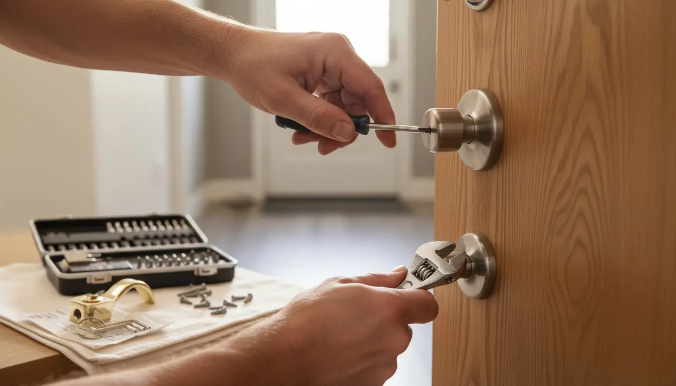 Hænder strammer et dørhåndtag og spænder en løs dørstopper med skruetrækker og skiftenøgle i en soloplyst entré.