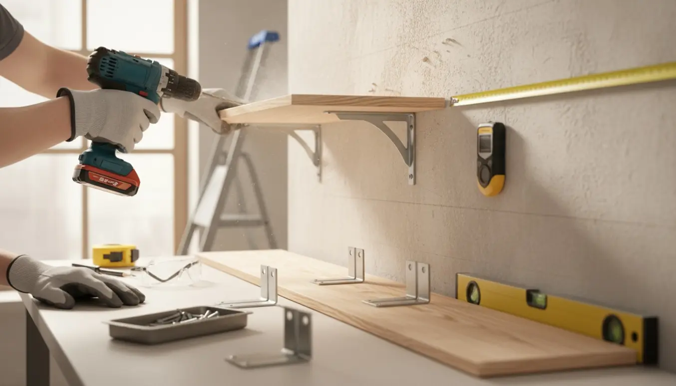 Hænder borer huller i væg for at montere to hylder med hyldebrædder, beslag og værktøj i blødt dagslys.