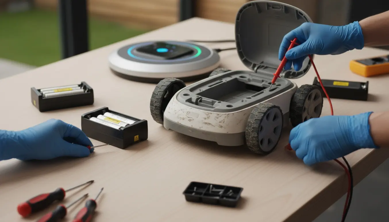 Hænder reparerer en robotplæneklipper med åben batterirum og blinkende ladeindikator på en arbejdsbænk.